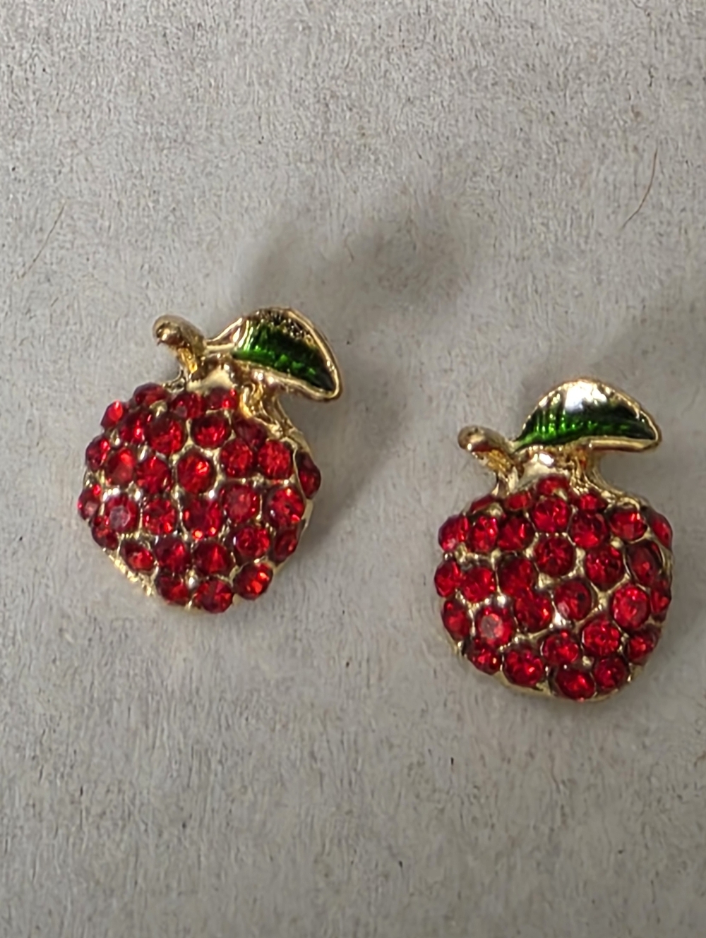 Gold-Tone Red Apple Crystal Stud Earrings with Green Leaf